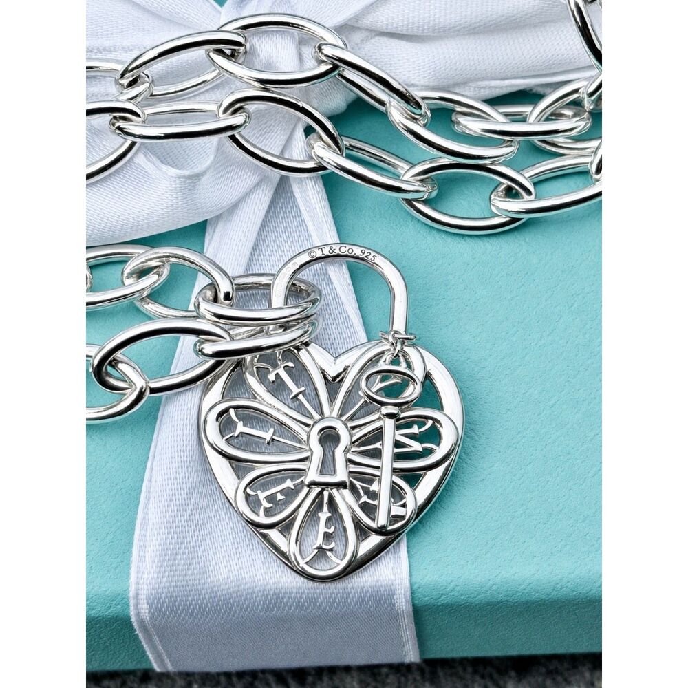 Tiffany & Co. Filigree Heart Key Pendant Necklace in Silver, 18"